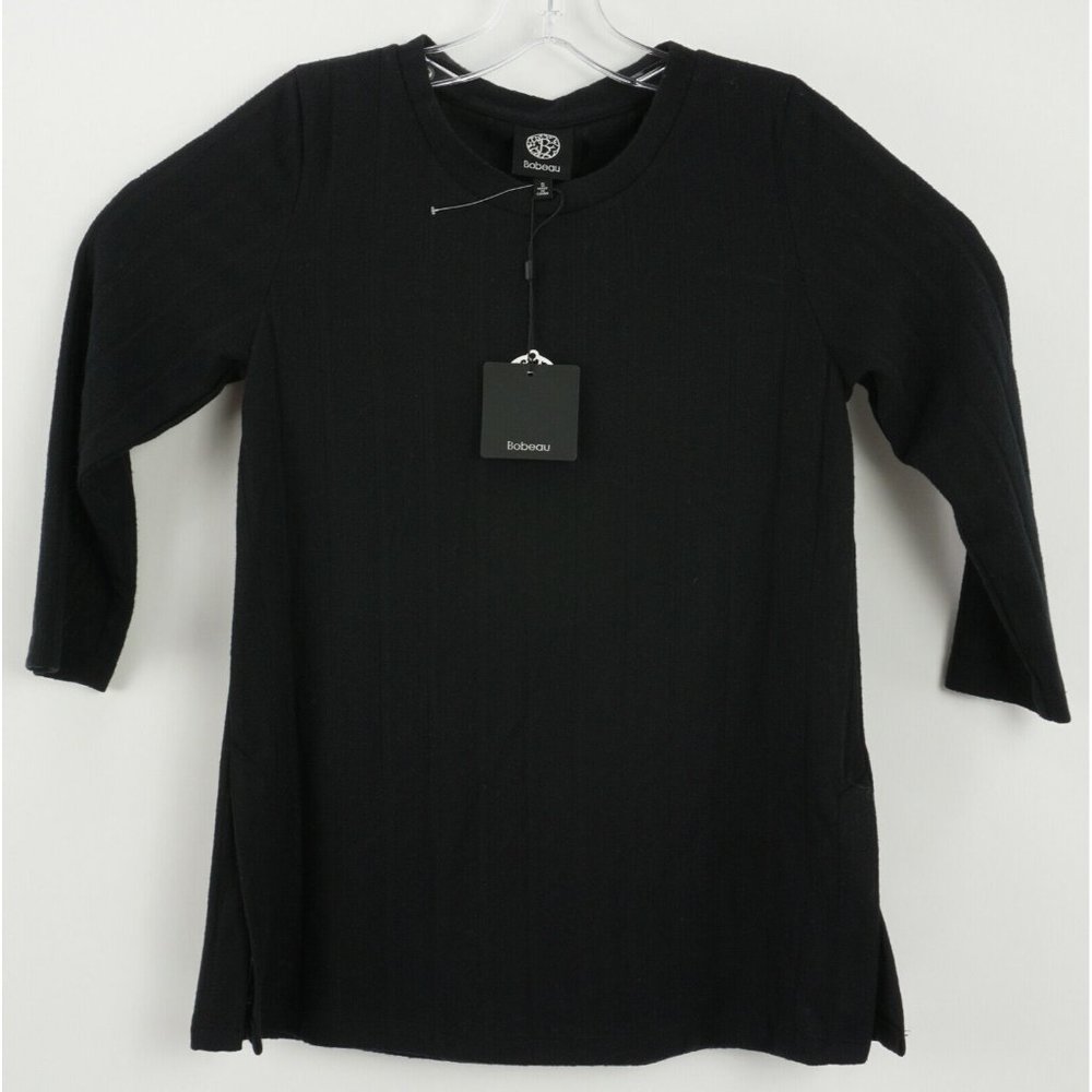 New Bobeau Women's Small 3/4 Sleeve Black‎ Woven Textured Stripe Crewneck Top